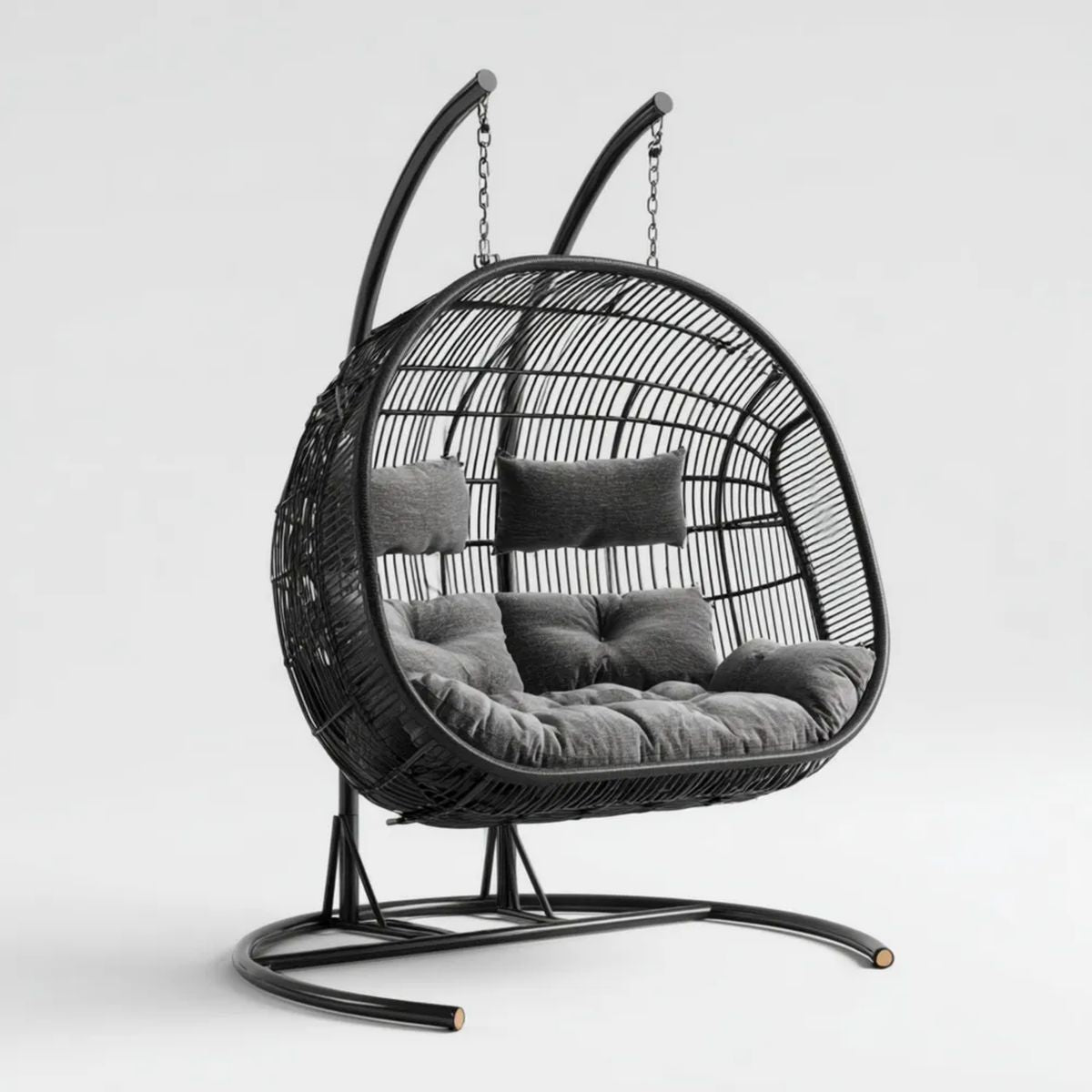 Hamak lub fotel wiszący, Podwójne wieszane krzesło z czarnego na zewnątrz stalowe i syntetyczne rattan z ciemnym szarym poduszeczek, 145 x 120 x 195 cm