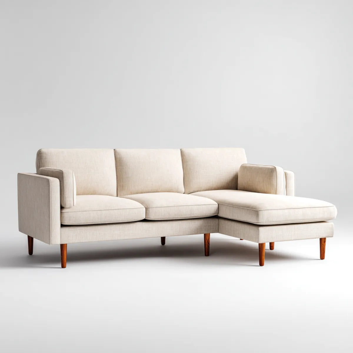 Sofa, Kanapa narożna 3 fotele z szewcem z prawej beżowej poliestru 250 x 160 x 84 cm
