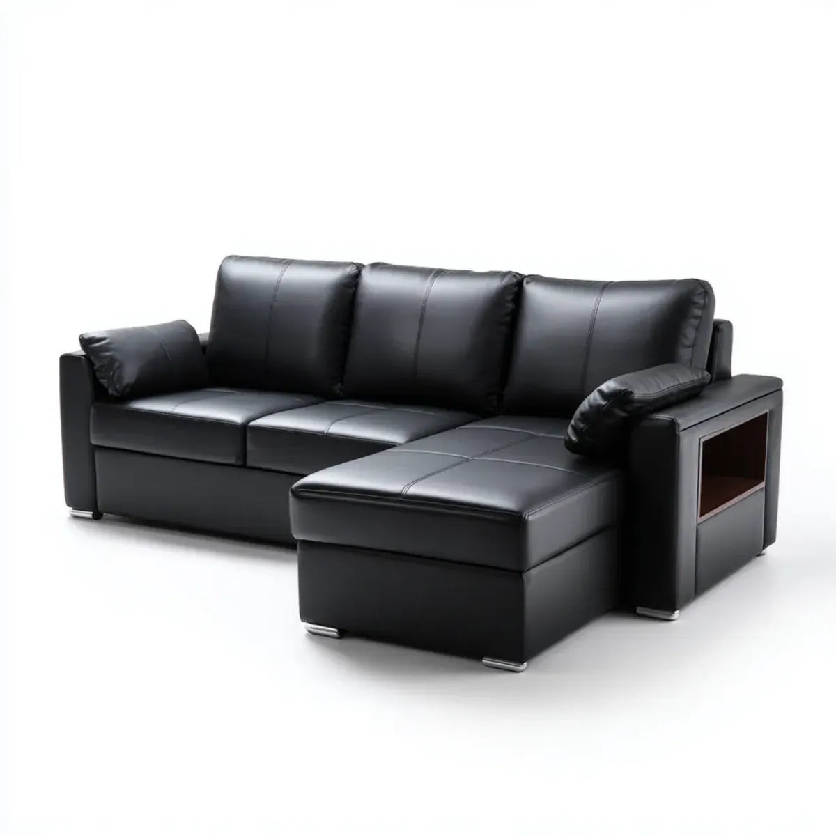 Sofa, Kącik sofa 3 fotele z krzesełkowym longiem prawo czarny PU skóra 260 x 160 x 88 cm