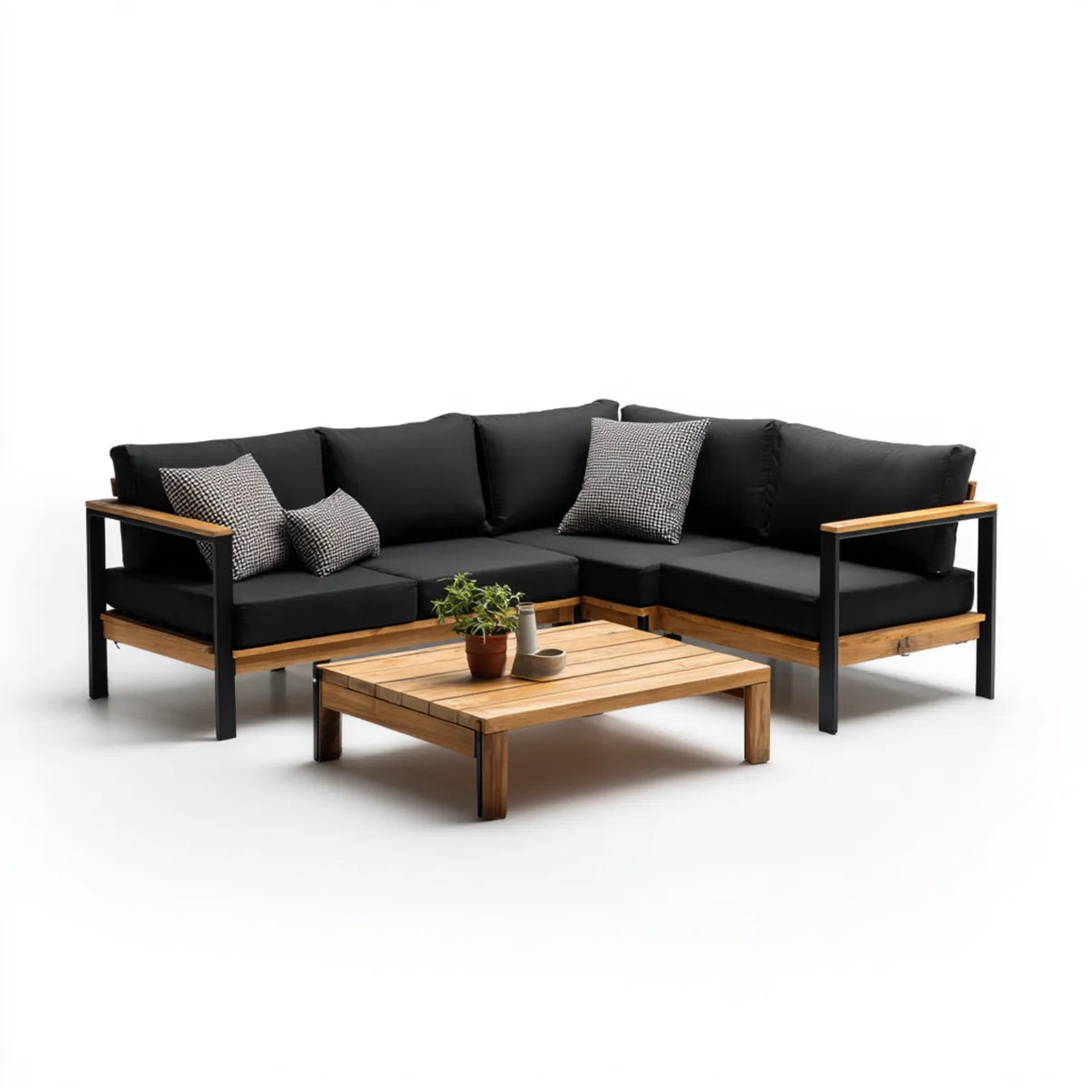 Sofa ogrodowa, Salon tarasowy Zestaw czarny przyroda 240 x 240 cm z akacji litej stali i poliestru z kształt litery L i stolik kawowy