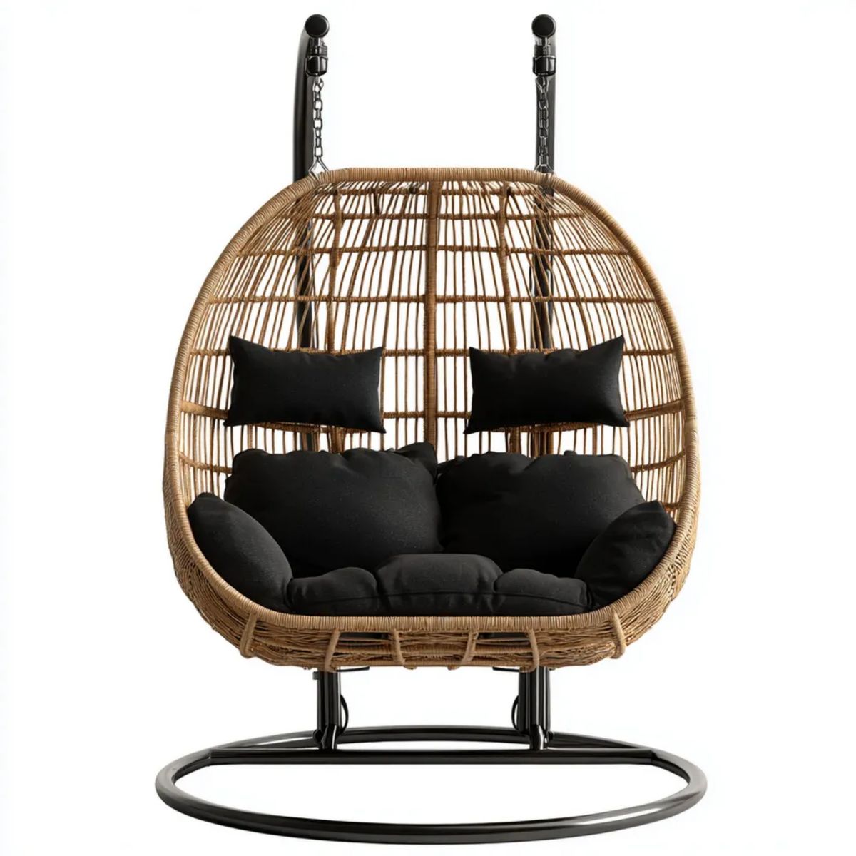 Hamak lub fotel wiszący, Podwójne krzesełko na czarnej i naturalnej stopie w rattanie ze stali nierdzewnej i PE, 145 x 95 x 195 cm