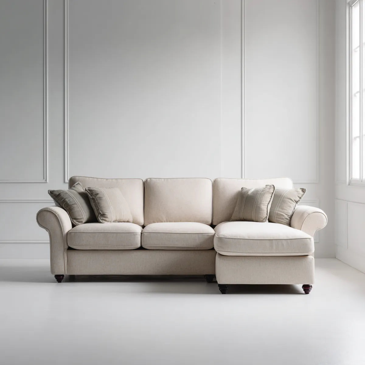 Sofa, Kanapa narożna 3 fotele z krzesełkiem z prawej beżowej poliestru 260 x 160 x 90 cm