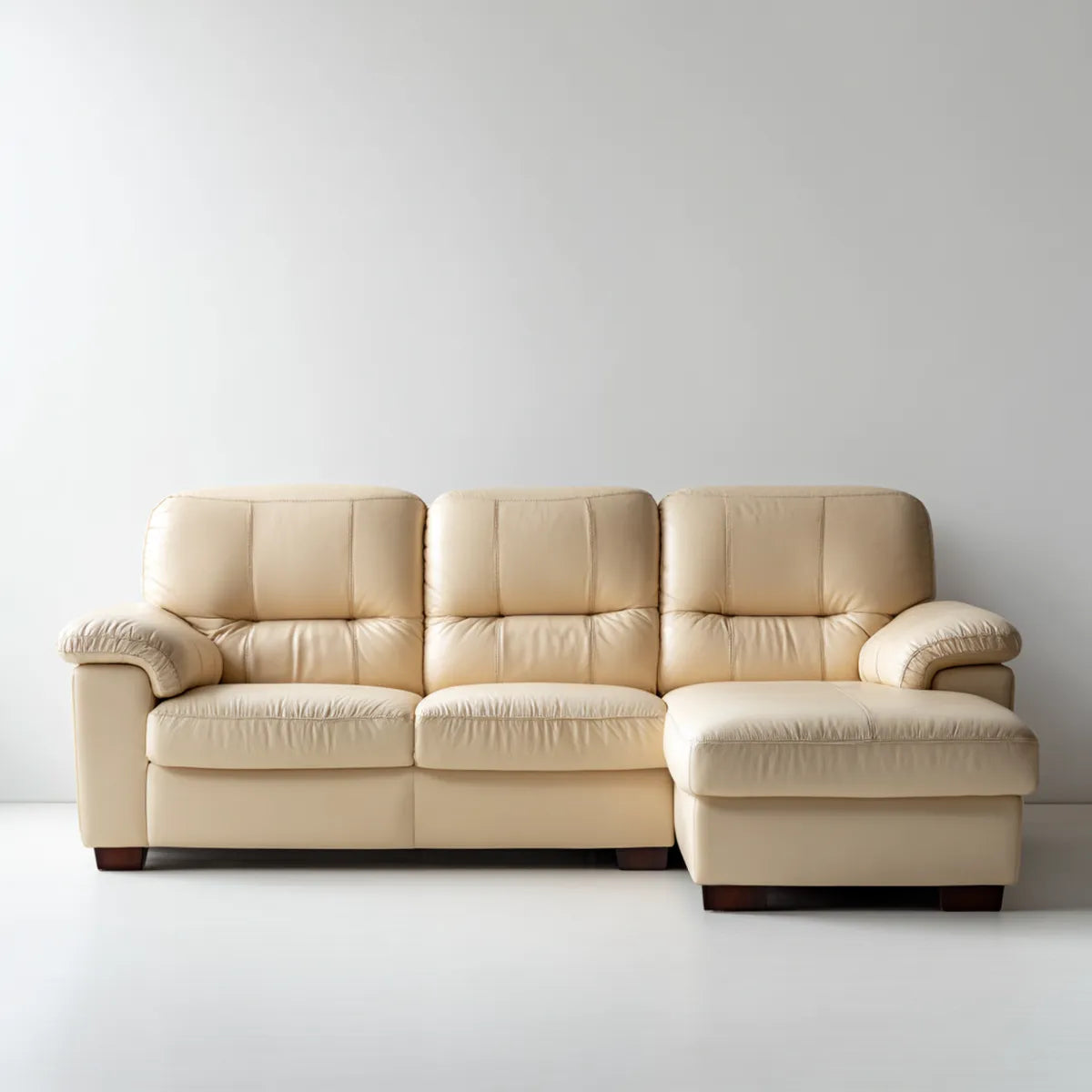 Sofa, Rożna sofa 3 fotele z krzesełkiem z prawej beżowej 270 x 165 x 100 cm ze skóry syntetycznej PU