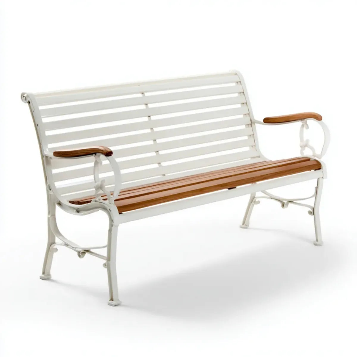 Ławka ogrodowa 3 białe i brązowe siedzenia 150 x 58 x 87 cm w odlewie dietetycznym z aluminium i prostokątnym drewnem litym