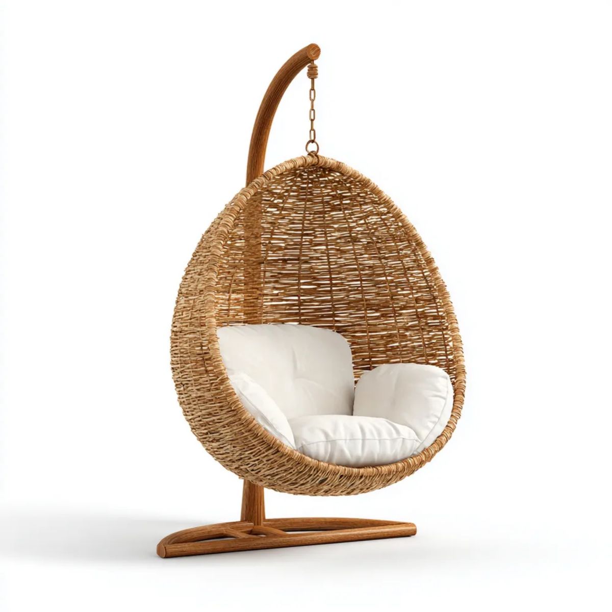 Hamak lub fotel wiszący, Wiszące krzesło wiszące na piechotę w naturalnej rattan brązowy z bialobiałymi poduszkami, 110 x 100 x 190 cm