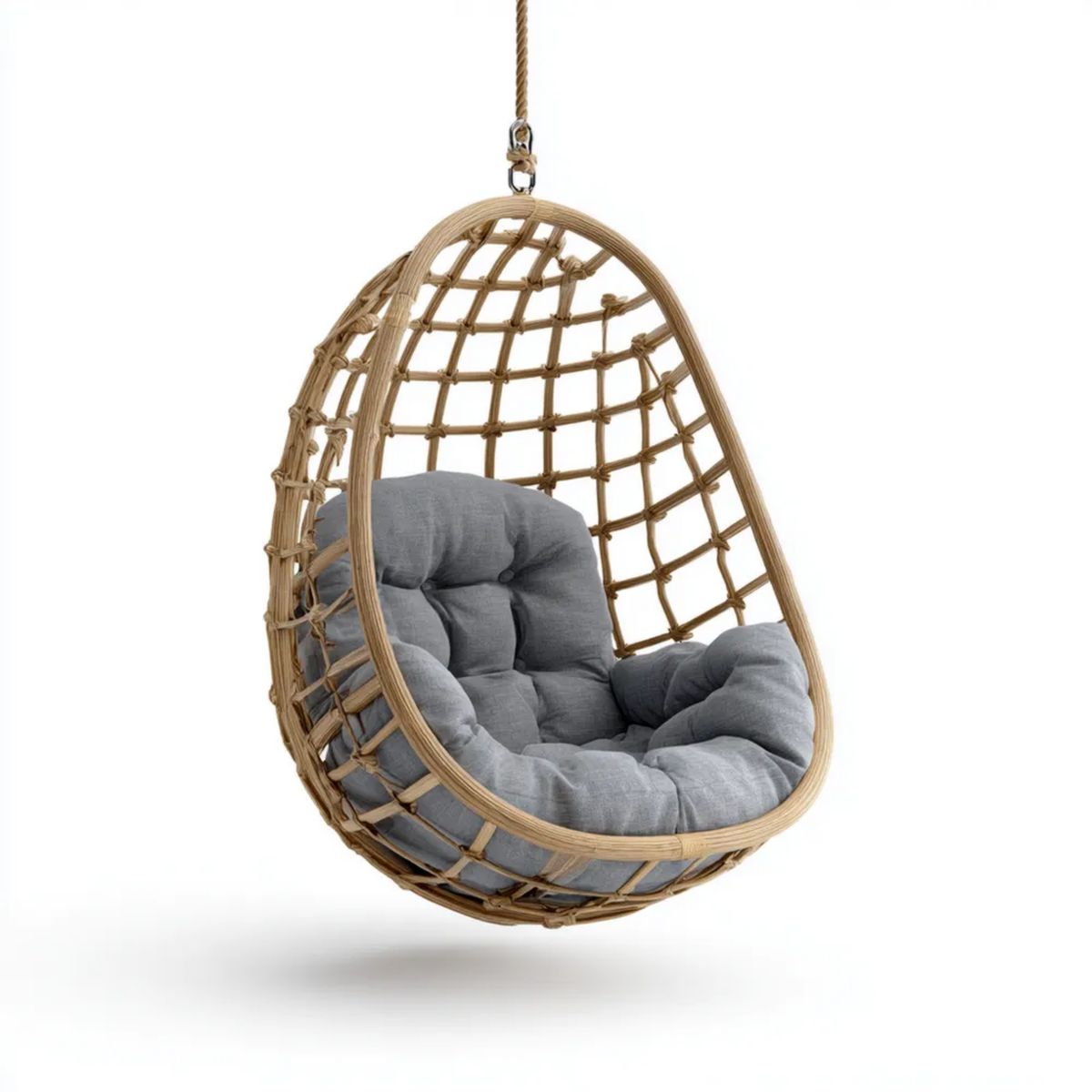 Hamak lub fotel wiszący, Oval wiszące krzesło w rattan z szarej poduszki, 80 x 80 x 120 cm