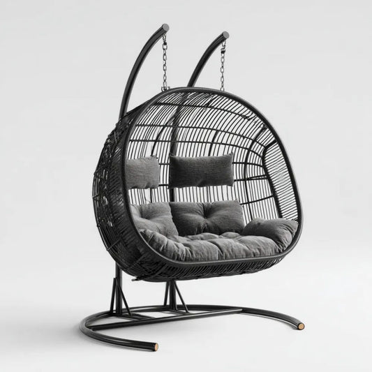 Hamak lub fotel wiszący, Podwójne wieszane krzesło z czarnego na zewnątrz stalowe i syntetyczne rattan z ciemnym szarym poduszeczek, 145 x 120 x 195 cm