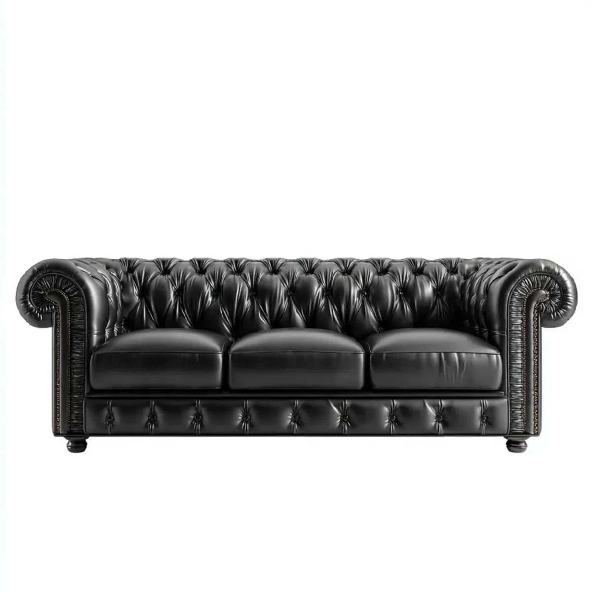 Sofa, Kanapa Chesterfield 3 czarne siedzenia w syntetycznym prostokątnym PU 220 x 95 x 78 cm