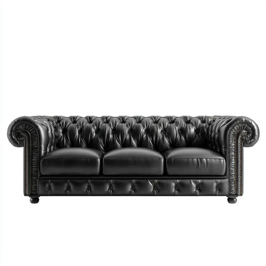 Sofa, Kanapa Chesterfield 3 czarne siedzenia w syntetycznym prostokątnym PU 220 x 95 x 78 cm