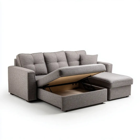 Sofa, Kanapa narożna 3 miejsca szary z pojemnikiem poliestrowym 230 x 145 x 85 cm do L