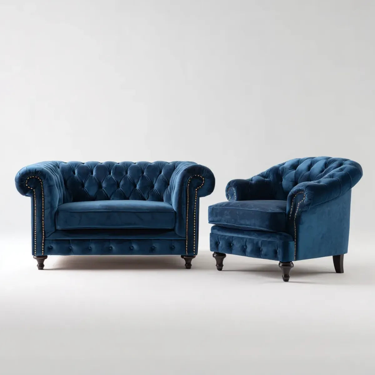 Sofa, Zestaw kanapa 2 fotele i niebieski fotel w prostokątnym poliestrowym aksamicie 164 x 86 x 76 cm