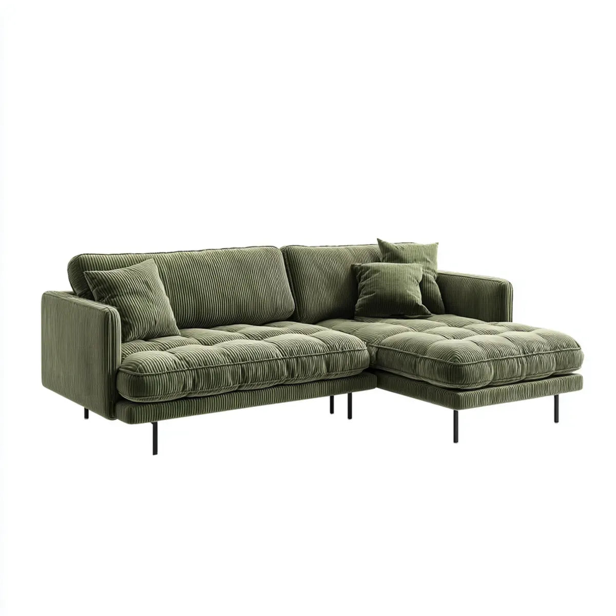 Sofa, Kanapa narożna z krzesełkiem z prawym zielonym poliestrem w paski 250 x 160 x 85 cm