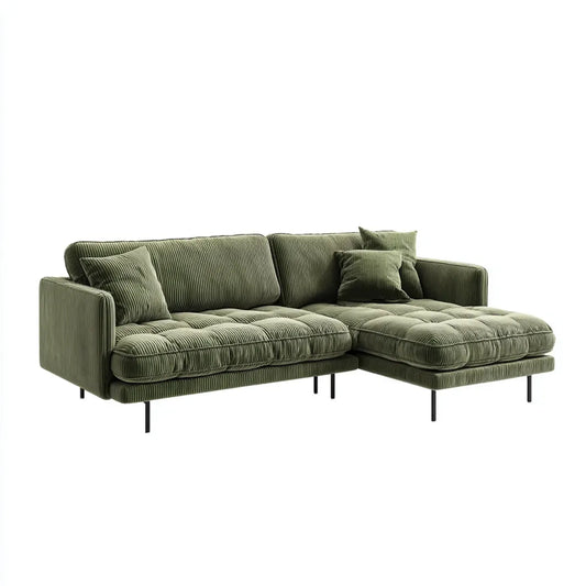 Sofa, Kanapa narożna z krzesełkiem z prawym zielonym poliestrem w paski 250 x 160 x 85 cm