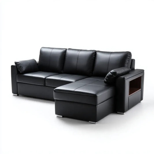 Sofa, Kącik sofa 3 fotele z krzesełkowym longiem prawo czarny PU skóra 260 x 160 x 88 cm