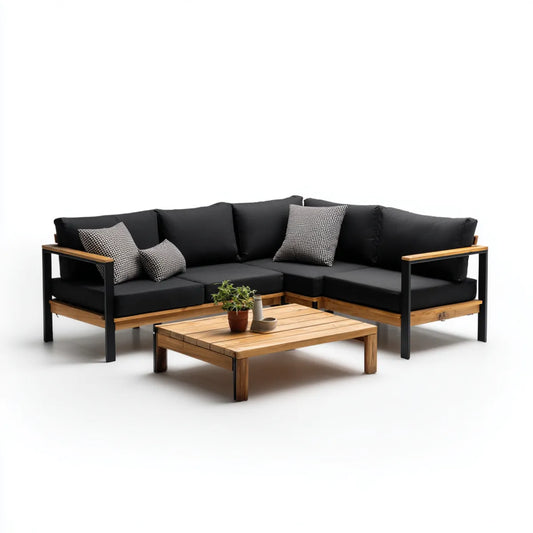 Sofa ogrodowa, Salon tarasowy Zestaw czarny przyroda 240 x 240 cm z akacji litej stali i poliestru z kształt litery L i stolik kawowy