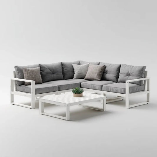 Sofa ogrodowa, Taras sofa narożna narożnik biały szary 255 x 255 x 65 cm aluminiowy poliester kształt litery L ze stołem