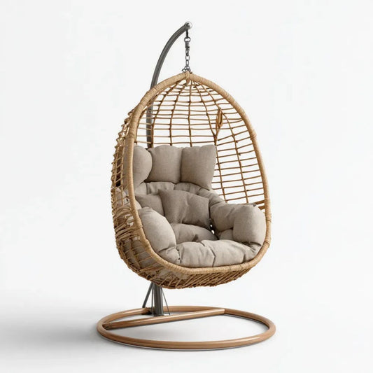 Hamak lub fotel wiszący, Beżowa rattan stojący na krześle z poduszkami, kształt jajka, 105 x 95 x 195 cm