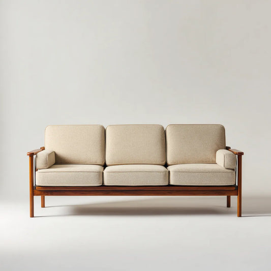 Sofa 3 beżowe siedzenia 180 x 78 x 82 cm w litym drewnie i prostokątnym poliestrze