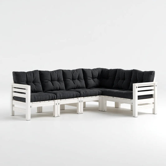 Sofa ogrodowa, Taras sofa 5- seater zestaw biały czarny 218 x 218 x 70 cm Pine lite drewno kształt litery L