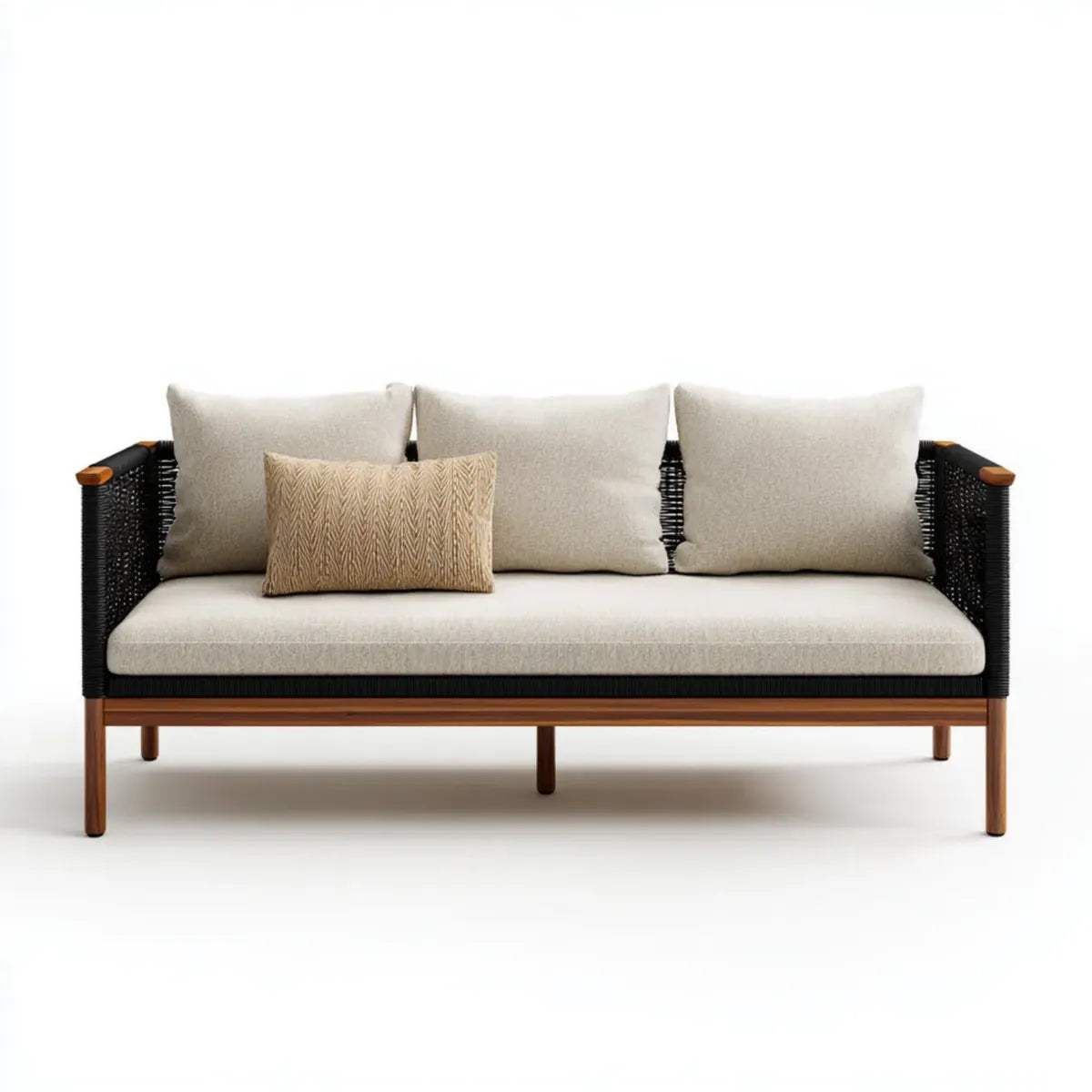 Sofa ogrodowa, 3-osobowy taras sofa Beige Czarna 200 x 80 x 75 cm z litym drewna akacjowego i prostokątna polipropylenowy warkocz lina