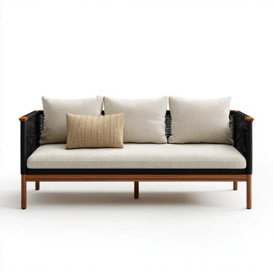 Sofa ogrodowa, 3-osobowy taras sofa Beige Czarna 200 x 80 x 75 cm z litym drewna akacjowego i prostokątna polipropylenowy warkocz lina