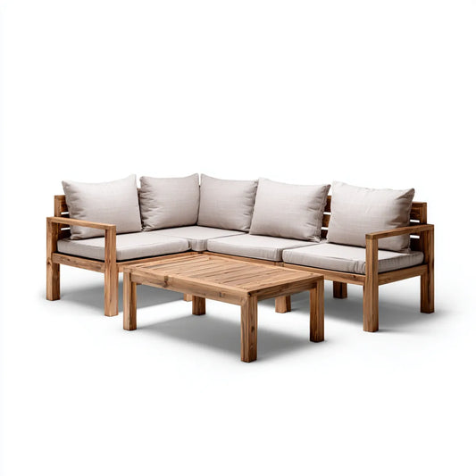 Sofa ogrodowa, Taras loungeset narożna sofa z stolikiem kawowym naturalna beż z akacji litego drewna 210 x 210 cm