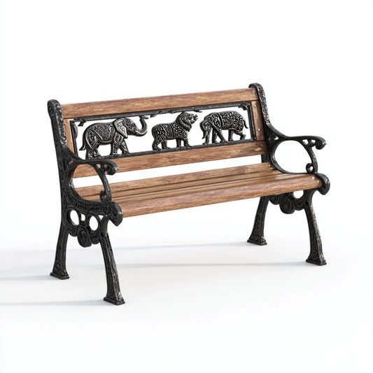Ławka ogrodowa z brązowymi i czarnymi podpórkami 122 x 56 x 83 cm w odlewie z żeliwa i prostokątnego litego drewna