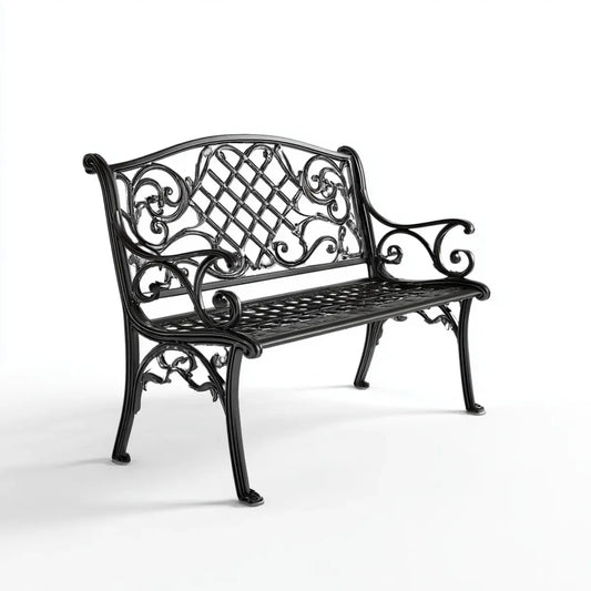 Ławka ogrodowa 2 czarne siedzenia w odlewie aluminiowym 122 x 61 x 90 cm z oparciem łukowym