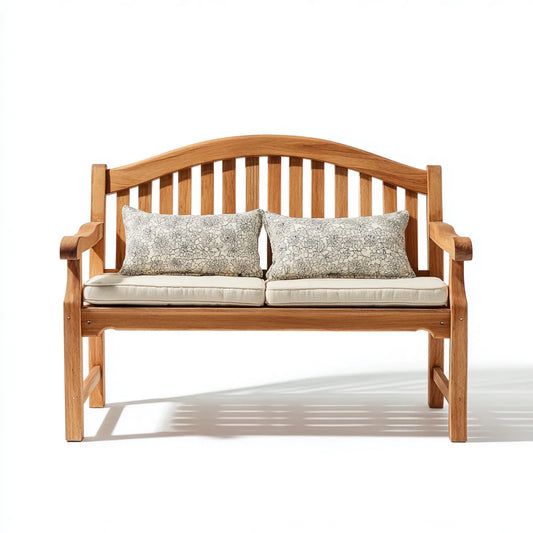 Ławka ogrodowa 2 naturalne miejsca 150 x 65 x 95 cm w akacji stałej z prostokątnymi poduszkami
